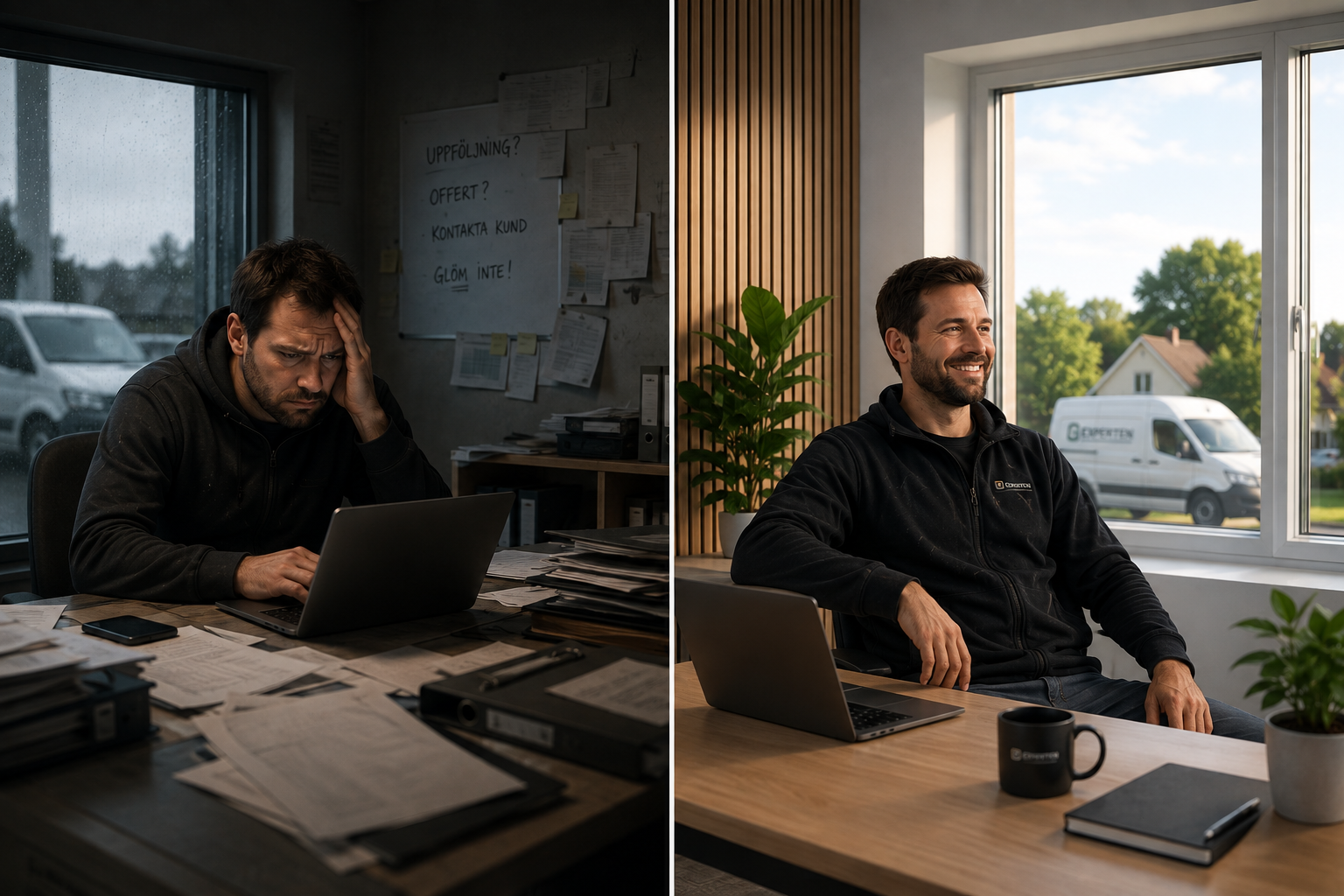 On the left, a tradesperson sitting stressed at a cluttered desk covered in paperwork. On the right, the same person relaxed at a tidy desk with the work van visible outside the window.
